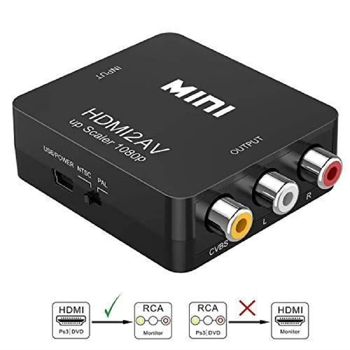 Convertisseur HDMI vers AV, Asbter HDMI vers RCA AV-CVSB L-R Vidéo 1080P HDMI2AV Prise en Charge NTSC PAL Sortie HDMI vers AV Adapta