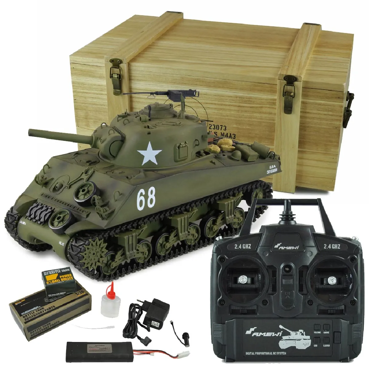 Tank RC Char Radiocommandé U.S. M4A3 Sherman 1/16 ème IR Billes Son et Fumée