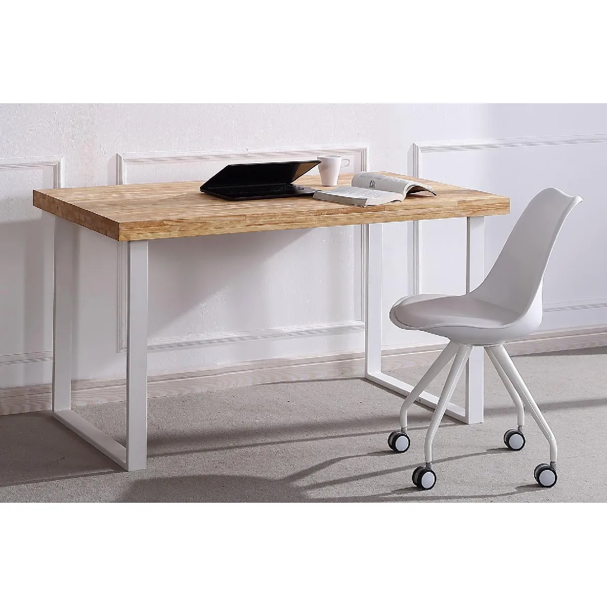 Table de bureau en bois coloris chêne nordique / pieds blanc - Longueur 120 x profondeur 60 x hauteur 73 cm