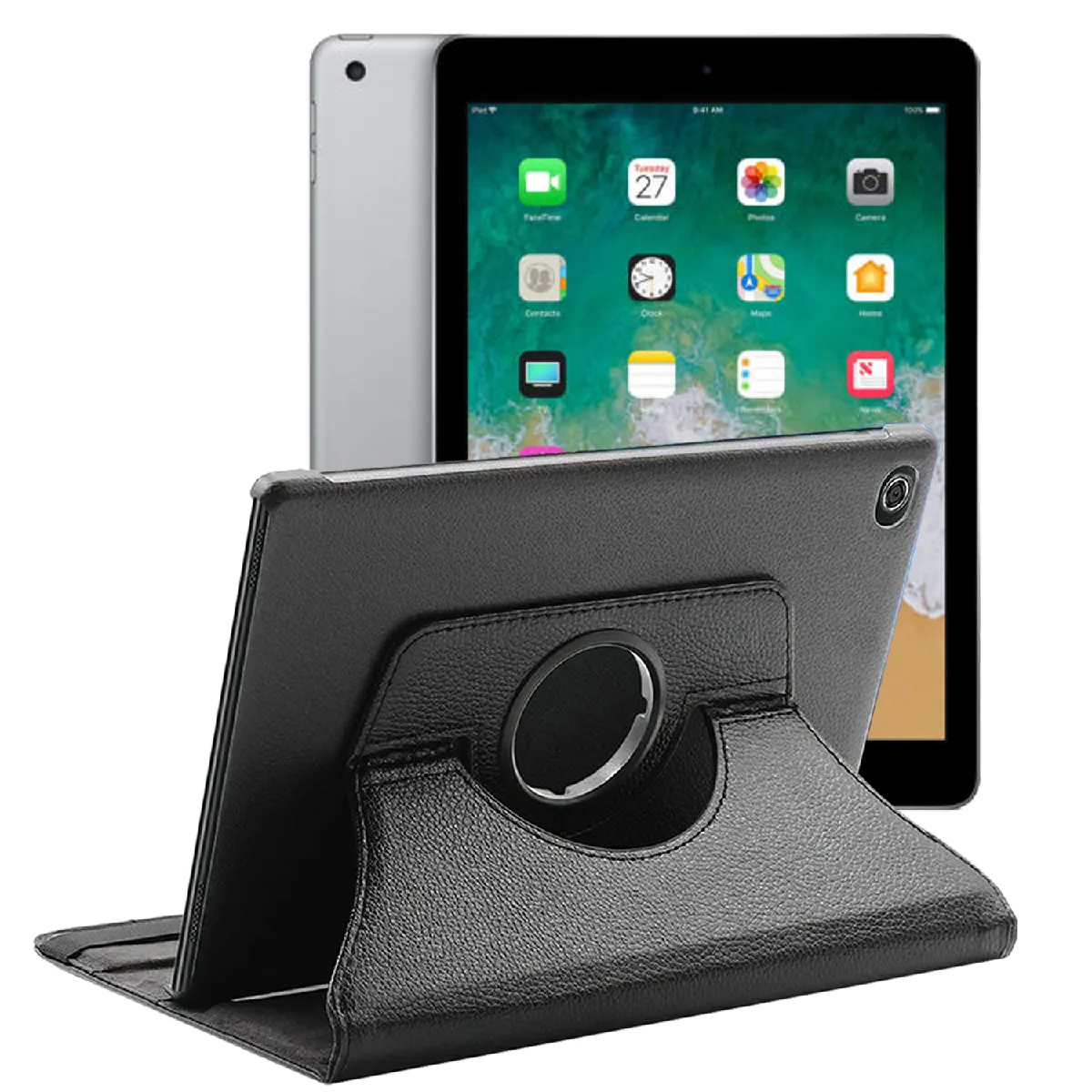 Etui rotatif en simili cuir pour iPad 9.7" (2018) (A1954/A1893) - Noir - Visiodirect -