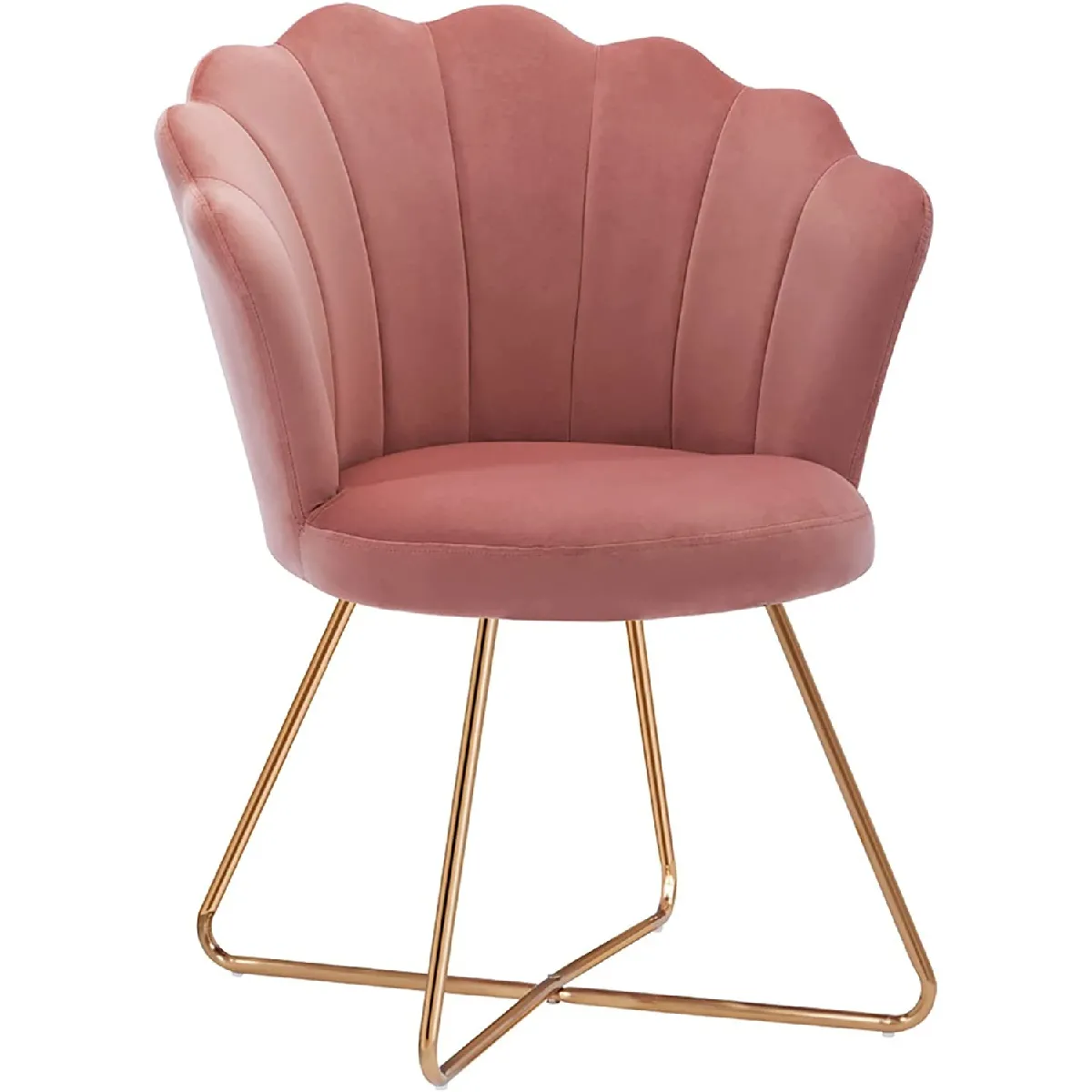 Fauteuil rembourré design retro en tissu velours rose pieds entrecroisée dorée FAL09120