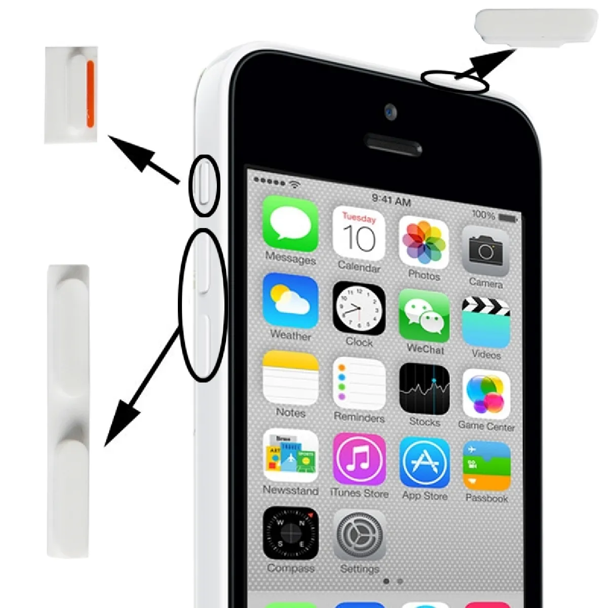 Kit de boutons pour iPhone 5C blanc 5C, 3 en 1 bouton muet + d'alimentation + de volume