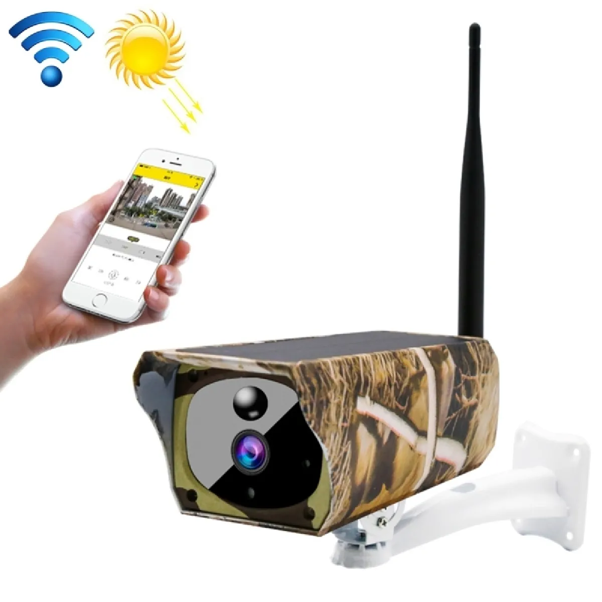 Caméra IP WiFi solaire IP avec pile 1080p HD motif feuille d'érable, supporte la détection de mouvement PIR et vision nocturne infrarouge carte TF (64 Go max.)