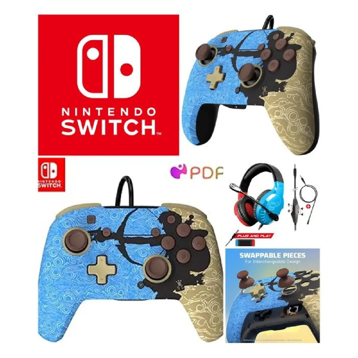 CASQUE PC NINTENDO SWITCH ROUGE ET BLEU + Manette Filaire SWITCH ZELDA ARROWS Officielle Nintendo Switch original ZELDA