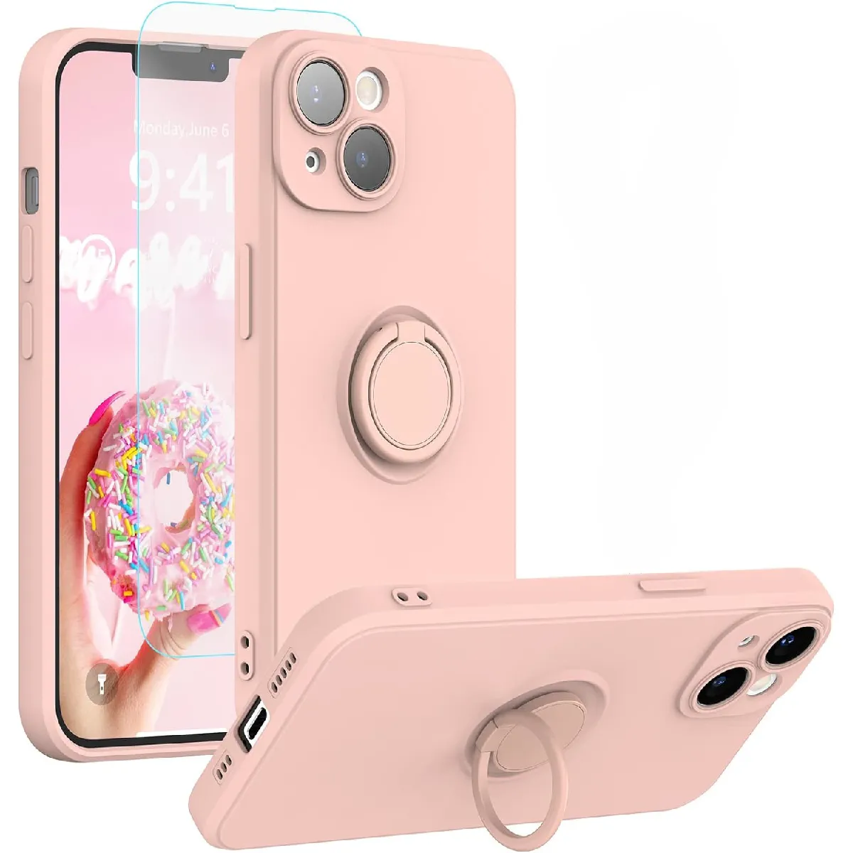 Coque Silicone Pour iPhone 14 Plus Couleur Rose Avec Anneau Support + Verre Trempe Protection Ecran Little Boutik®