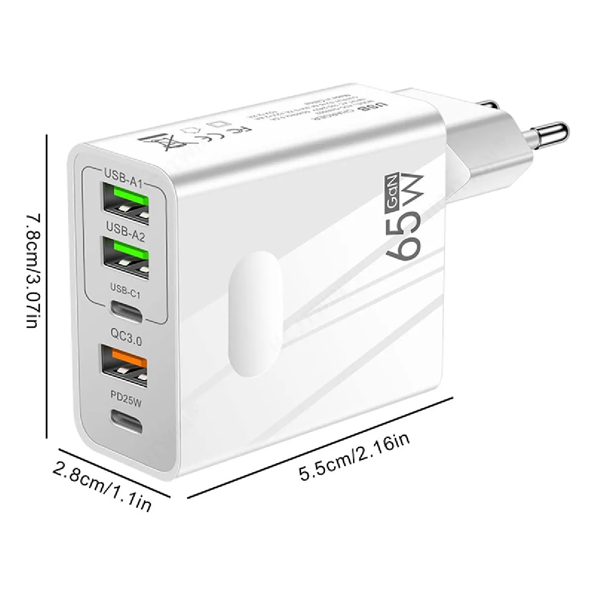 Chargeur Rapide 65W Prise Multiple avec 2 USB C + 2 USB + 1 QC 3.0 Chargeur 5 Ports pour Oppo Reno 4 Z 6.57" - Blanc