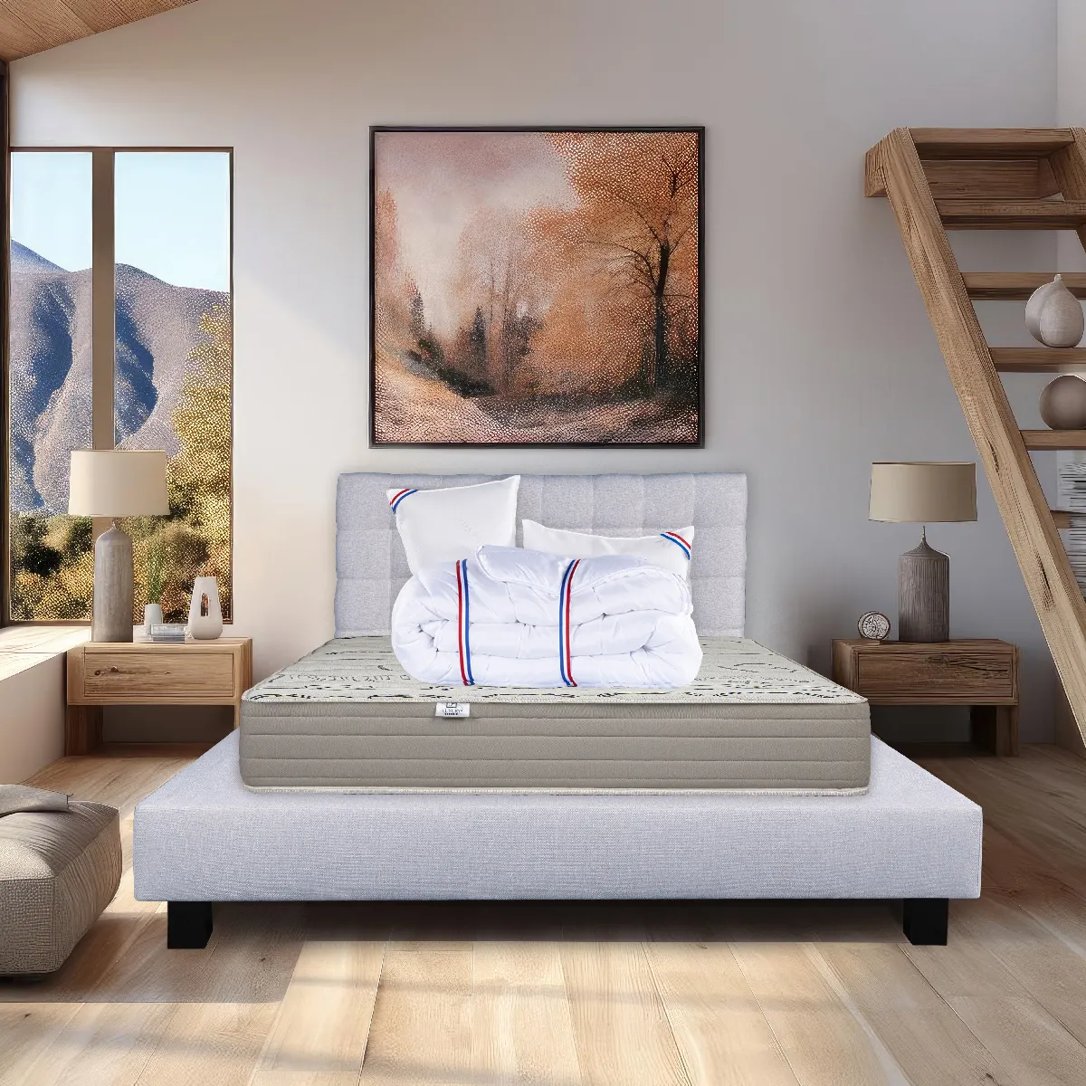 Ensemble matelas OrganicCoton 160x200 cm + sommier gris ep20cm + 2 oreillers + couette + Tête de Lit