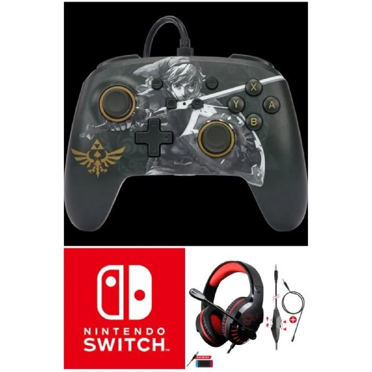 Manette filaire SWITCH ZELDA Battle-Ready Link Officielle Nintendo avec Câble USB détachable + CASQUE SWITCH ROUGE NOIR