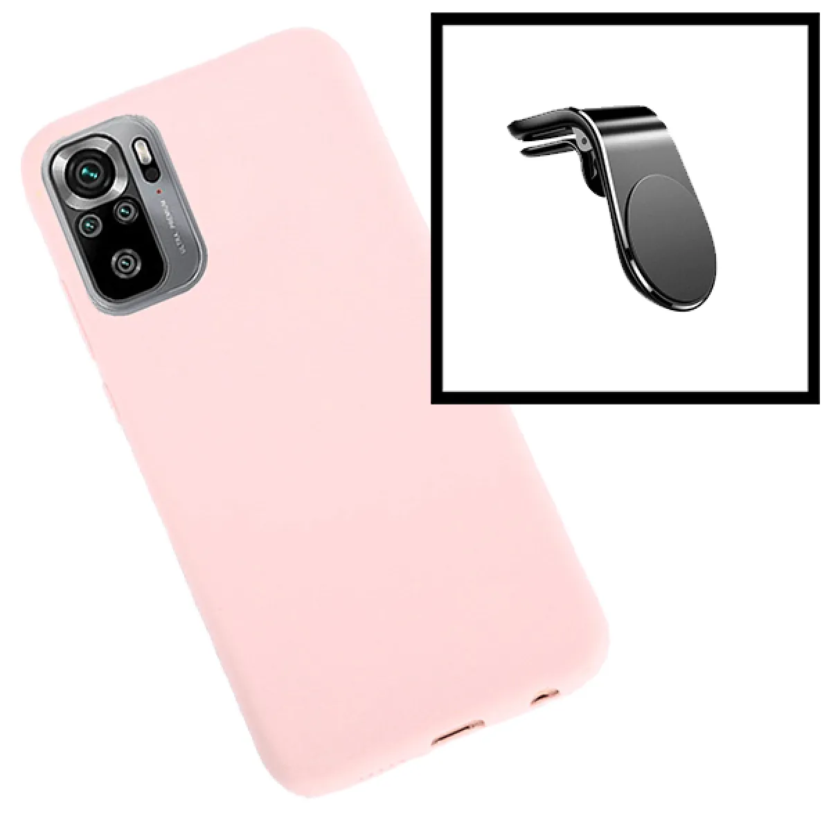 Kit Support Magnétique L Conduite en Toute Sécurité + Coque en Silicone Liquide pour Xiaomi Poco M3 Pro - Rose