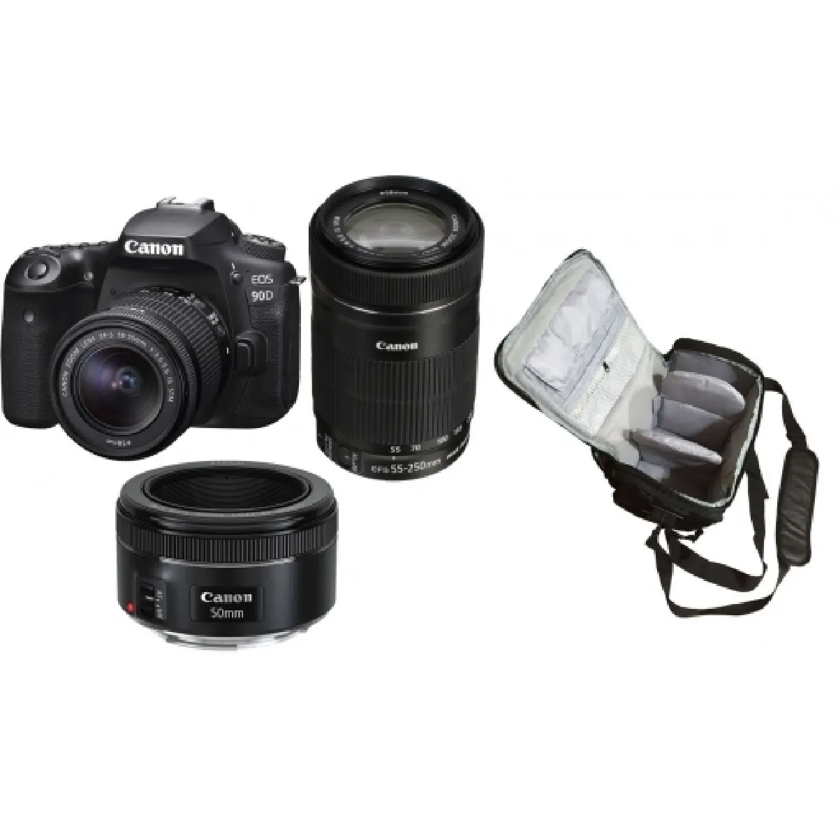 CANON EOS 90D KIT EF-S 18-55mm F3.5-5.6 IS STM + EF-S 55-250MM F4-5.6 IS STM + EF 50mm F1.8 STM + Camera Bag