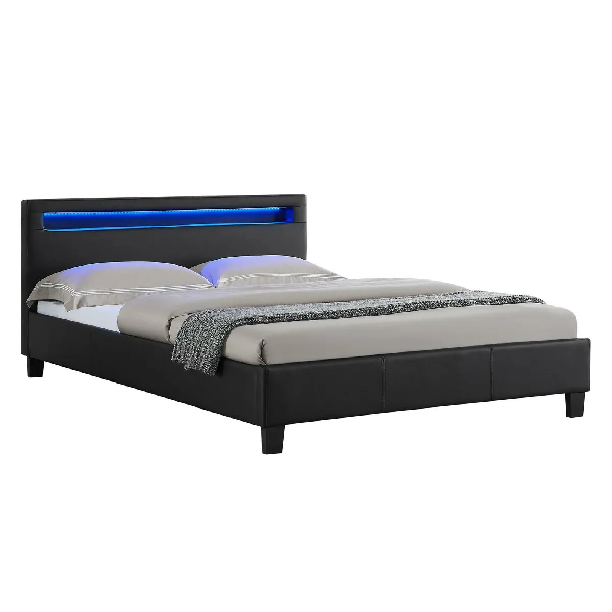 Lit LED double PINOT 140x190 cm, avec sommier, revêtement synthétique noir