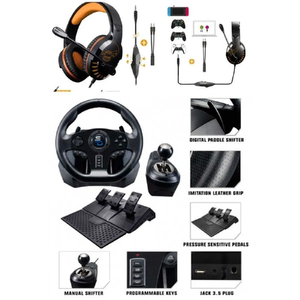 Casque GAMER SPIRIT OF Gamer + Volant 3 pédales Levier de vitesse DRIVE SPORT GS 850-X compatible Xbox Séries X-S PS3 PS4