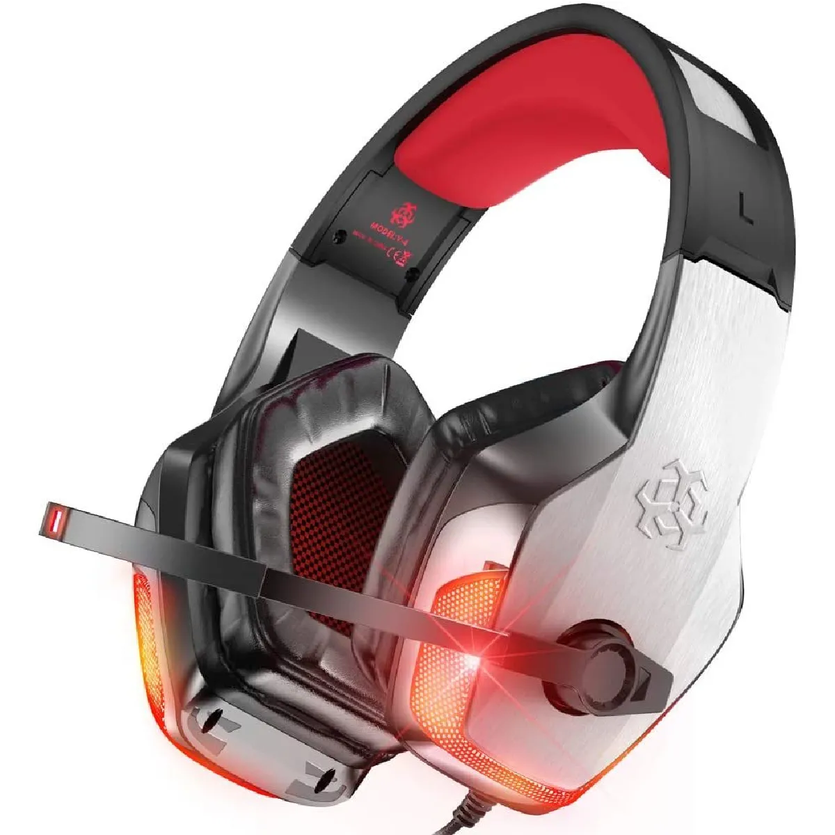 Casque de jeu Chronus V-4 pour Xbox One, PS4, PC, contrôleur, casque antibruit sur l'oreille avec micro, cache-oreilles à mémoire douce surround à lumière LED pour PS2 Mac Nintendo 64 jeux PS5(rouge)