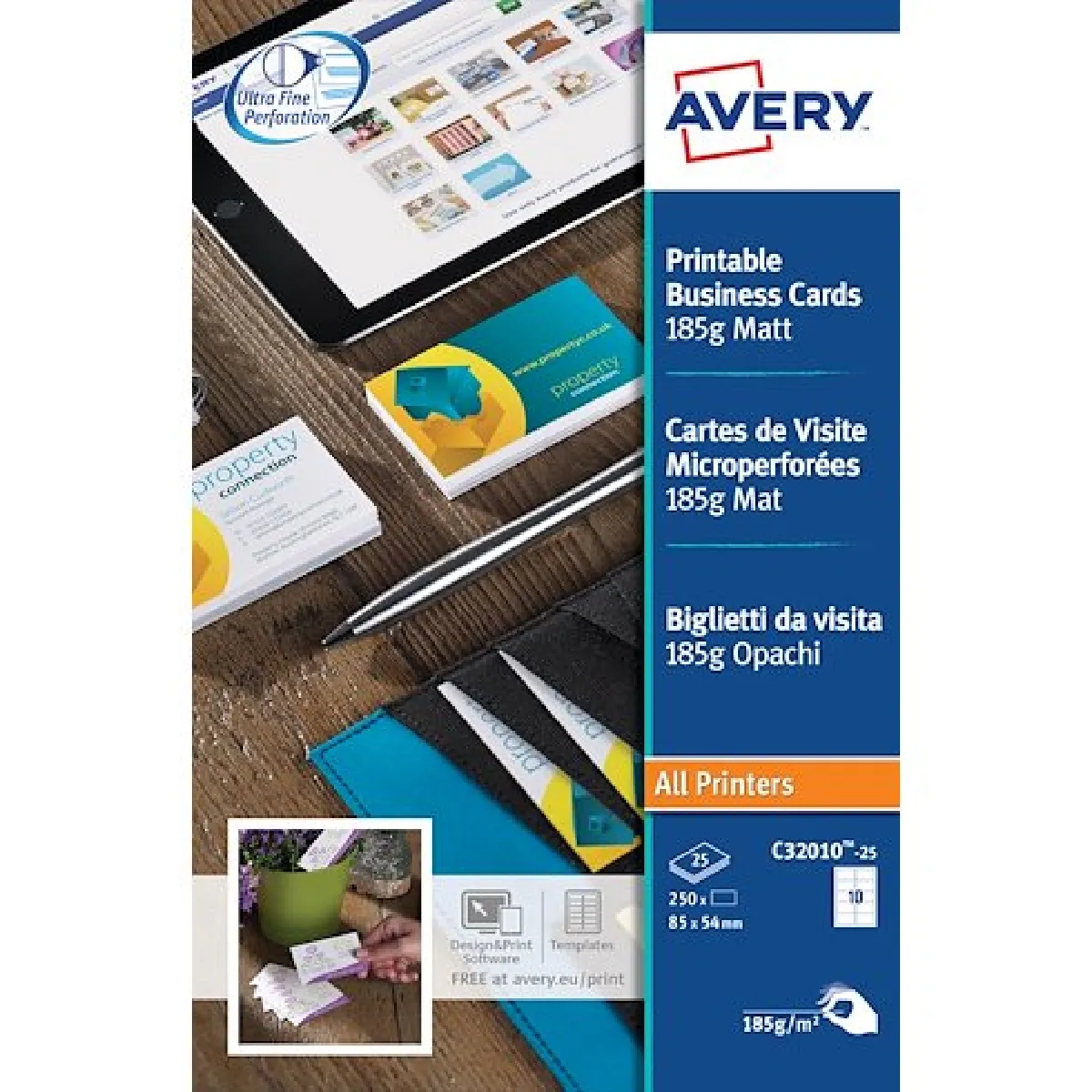 Carte de visite microperforée Avery format 85 x 54 mm blanche mat - 185 gr- Pochette de 250