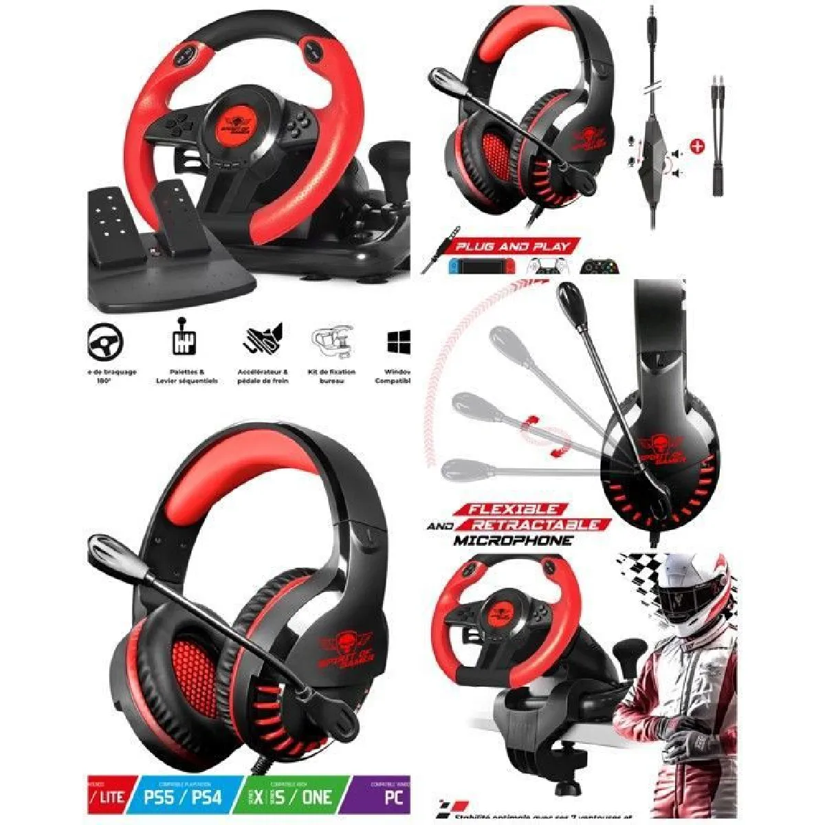 CASQUE PC + Volant et pédales de jeu Vidéo Race Pro Wheel 1 compatible WINDOWS 11/ PC SPIRIT OF GAMER PROGRAMMABLE 6 boutons