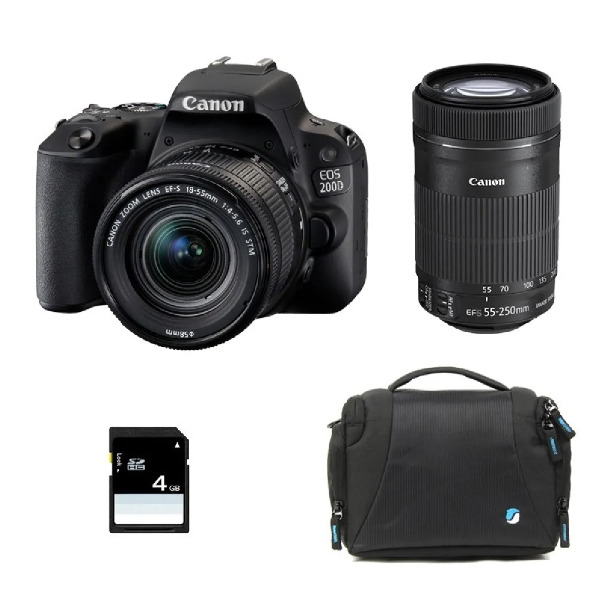 PACK CANON EOS 200D + 18-55 IS STM + 55-250 IS STM + Sac + SD 4Go