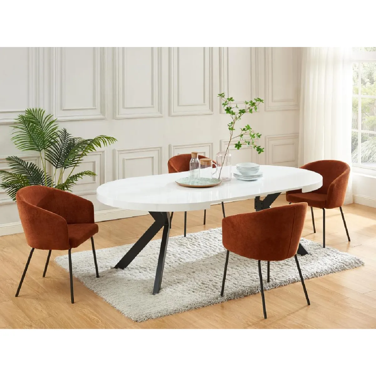 Table à manger extensible 4 à 8 personnes en MDF et acier - Blanc laqué et noir - KOMONI