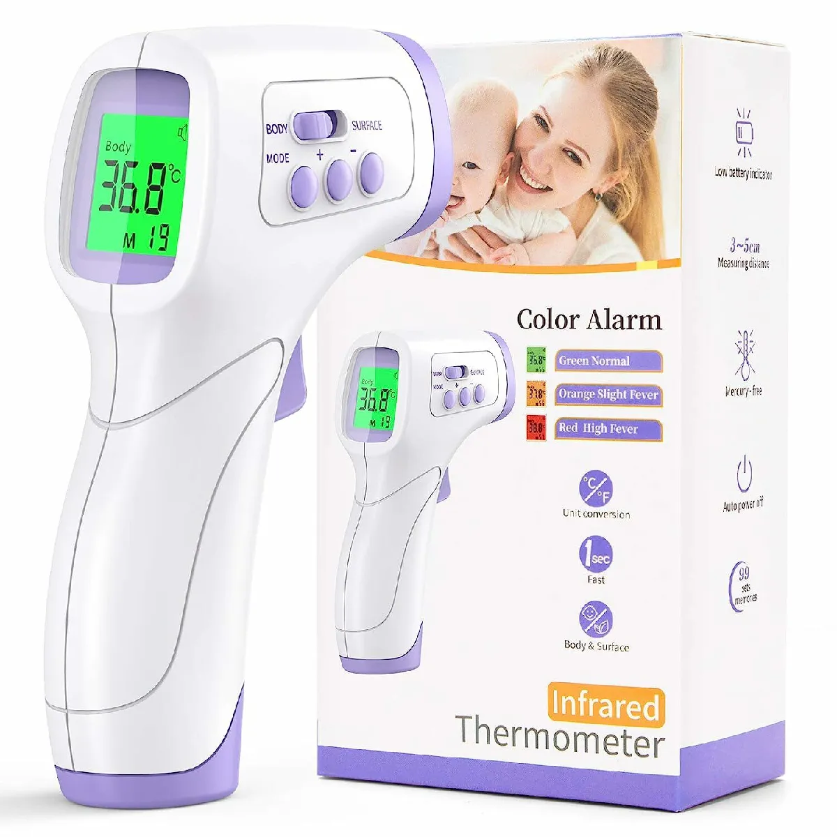 Thermometre Frontal Adulte,  Thermometre sans Contact avec Affichage à LCD, Thermomètre Frontal Infrarouge Bébé Enfant Adulte, Thermometre Médical avec Lecteur Rapide 99 Données Enregistrées