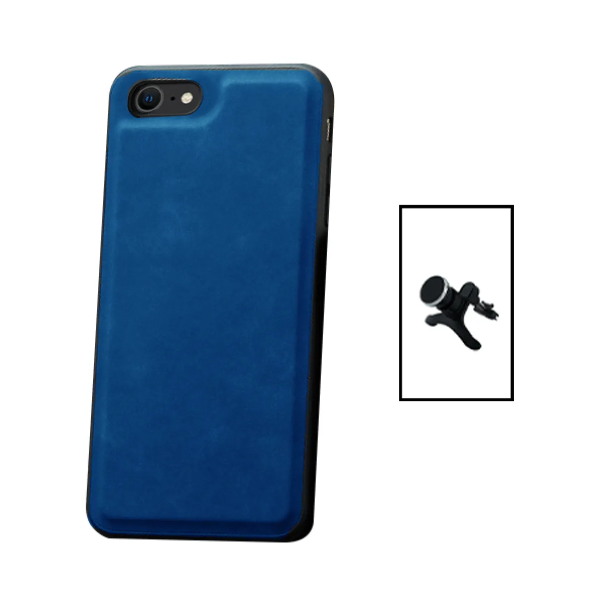 Kit Coque MagneticLeather + Support Magnétique Renforcé de Voiture pour Apple iPhone SE 2020 - Bleu