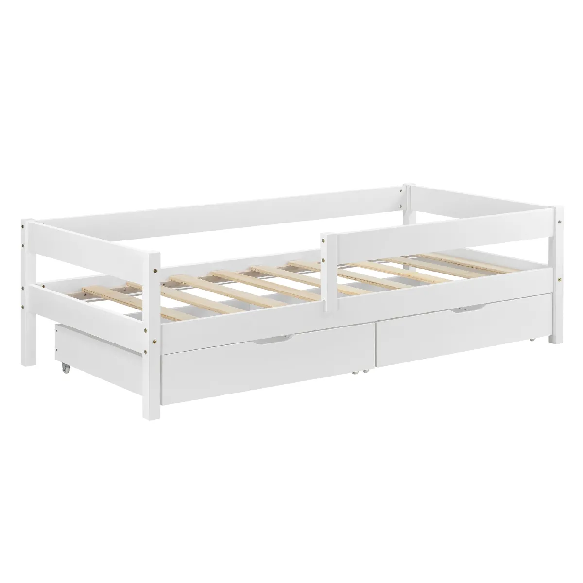 Lit pour enfant avec barrière anti-chute sommier et tiroirs de rangement bois de pin blanc 90 x 200 cm 03_0005419