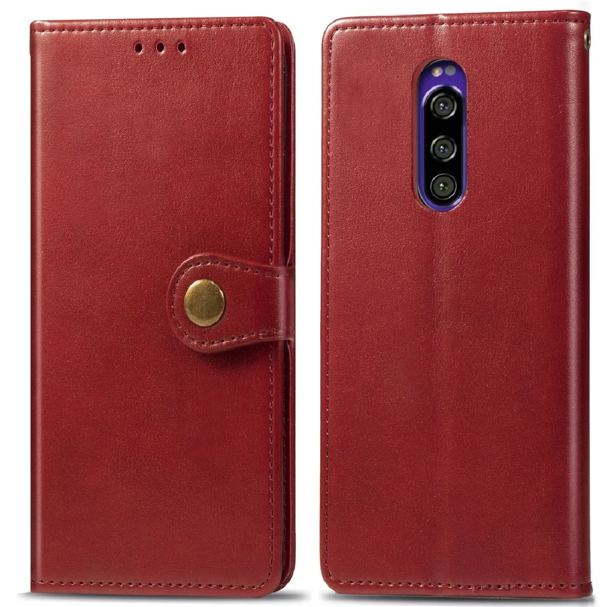 Housse Coque Etui en cuir de couleur unie pour téléphone mobile avec boucle de protection portable et lanièrecadre photo et fente carteporte-monnaie et support Sony Xperia XZ4 rouge