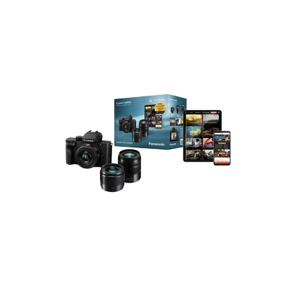 Pack Appareil photo hybride Panasonic Lumix G100D + Objectif standard 12 32 mm + Focale fixe 45 150 mm + Téléobjectif 25 mm F