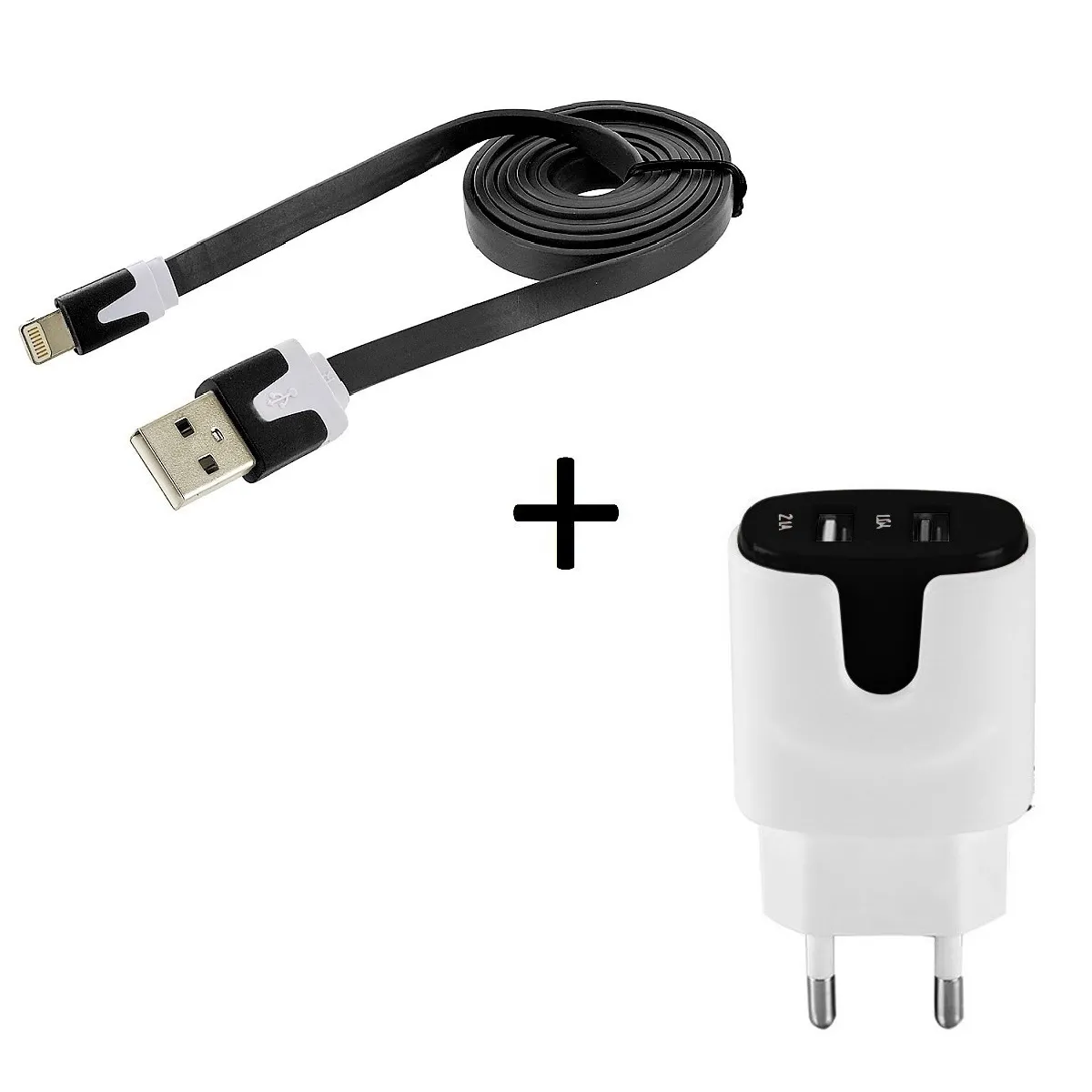 Pack Chargeur pour IPHONE 8 PLUS Smartphone Micro-USB (Cable Noodle 1m Chargeur + Double Prise Secteur Couleur USB) Android (NOIR)