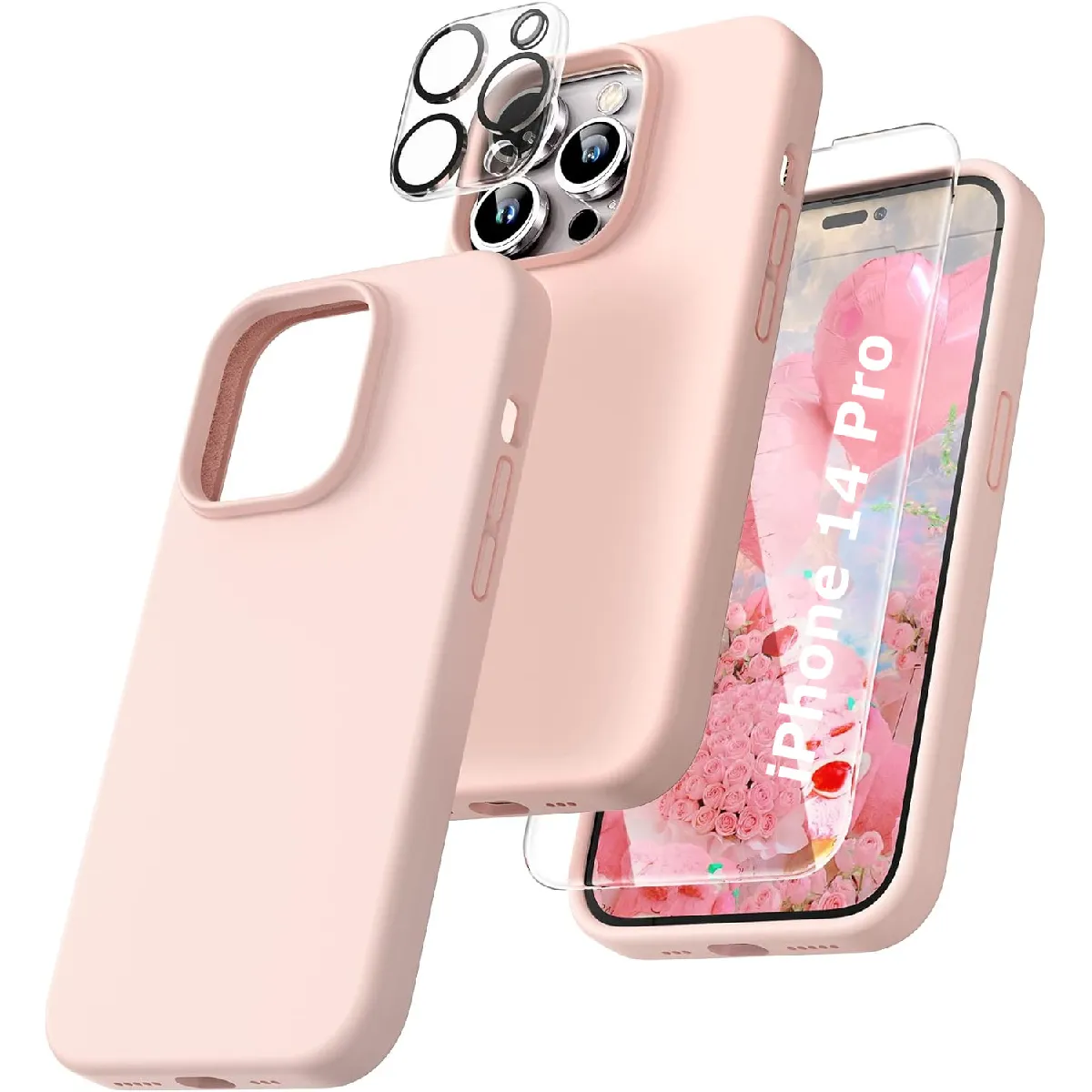 Coque Silicone Rose + Verre Trempe et Protection Camera Arriere Pour iPhone 14 Pro Little Boutik®