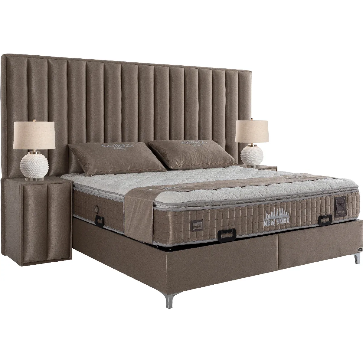 Ensemble de lit coffre 180x200 en velours taupe avec un matelas à ressorts ensachés 7 zones de confort de la collection NEW YORK