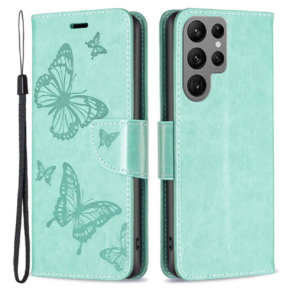 Etui en PU motif papillons, antichocs avec support pour votre Samsung Galaxy S23 Ultra - vert