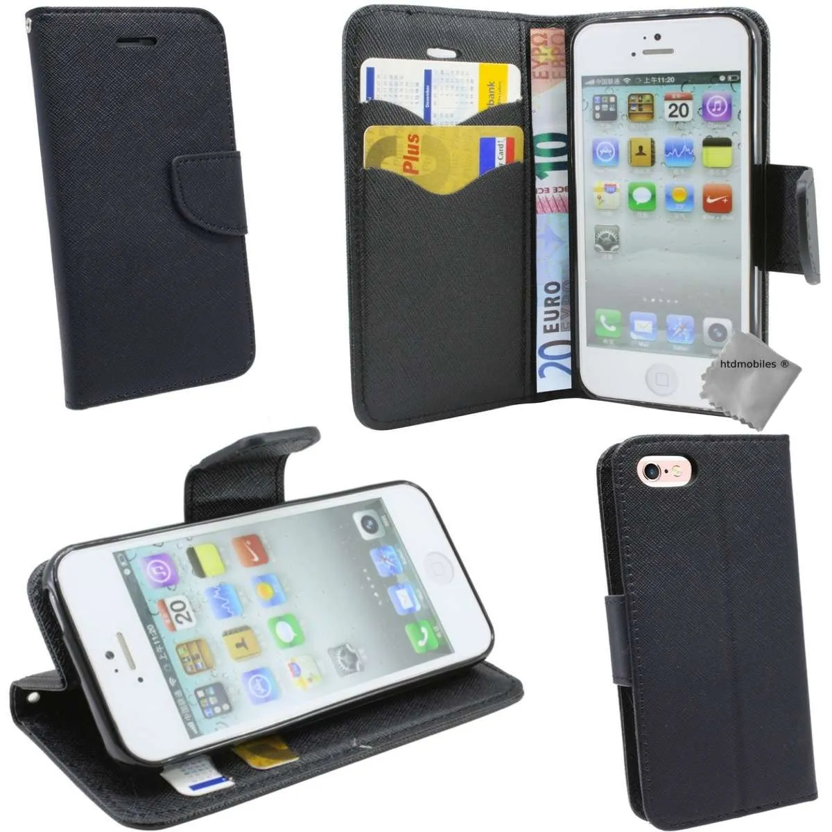 Housse etui portefeuille avec coque intérieure en silicone pour Apple iPhone SE (2022) + verre trempe - NOIR / NOIR