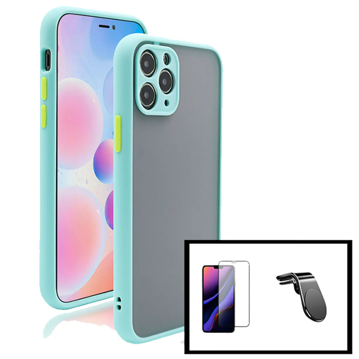 Kit Coque antichoc caméra Protection + Film de Verre Trempé 5D à Couverture Complète + Support Magnétique L Conduite en Toute Sécurité pour iPhone SE 2020 - Bleu clair