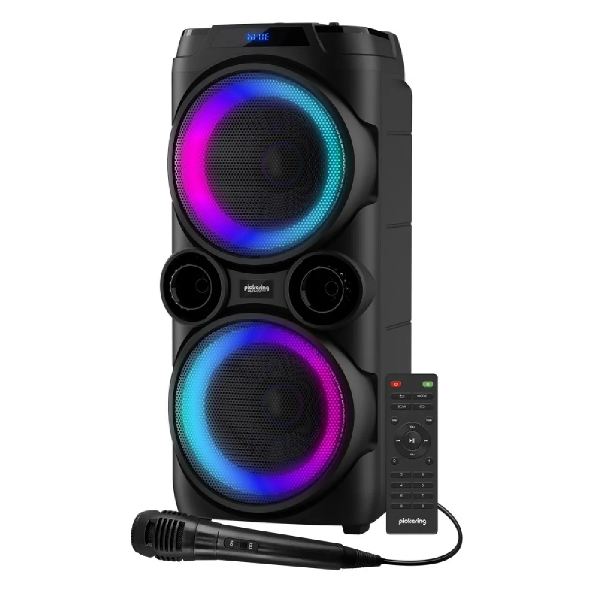 Enceinte DJ Mobile sur batterie Pickering ULTIMAT500, 500W, Boomers 25cm à LED RVB RING, USB Bluetooth Radio FM,TWS, Microphone