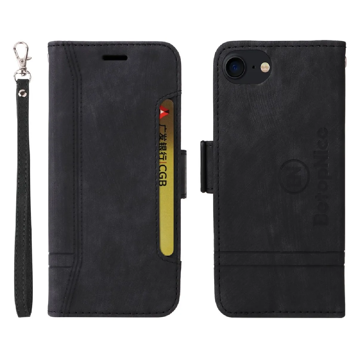 Etui en PU motif de ligne de couture, anti-chute avec support et sangle pour votre iPhone 6/7/8 4.7 pouces/SE (2020)/(2022) - noir