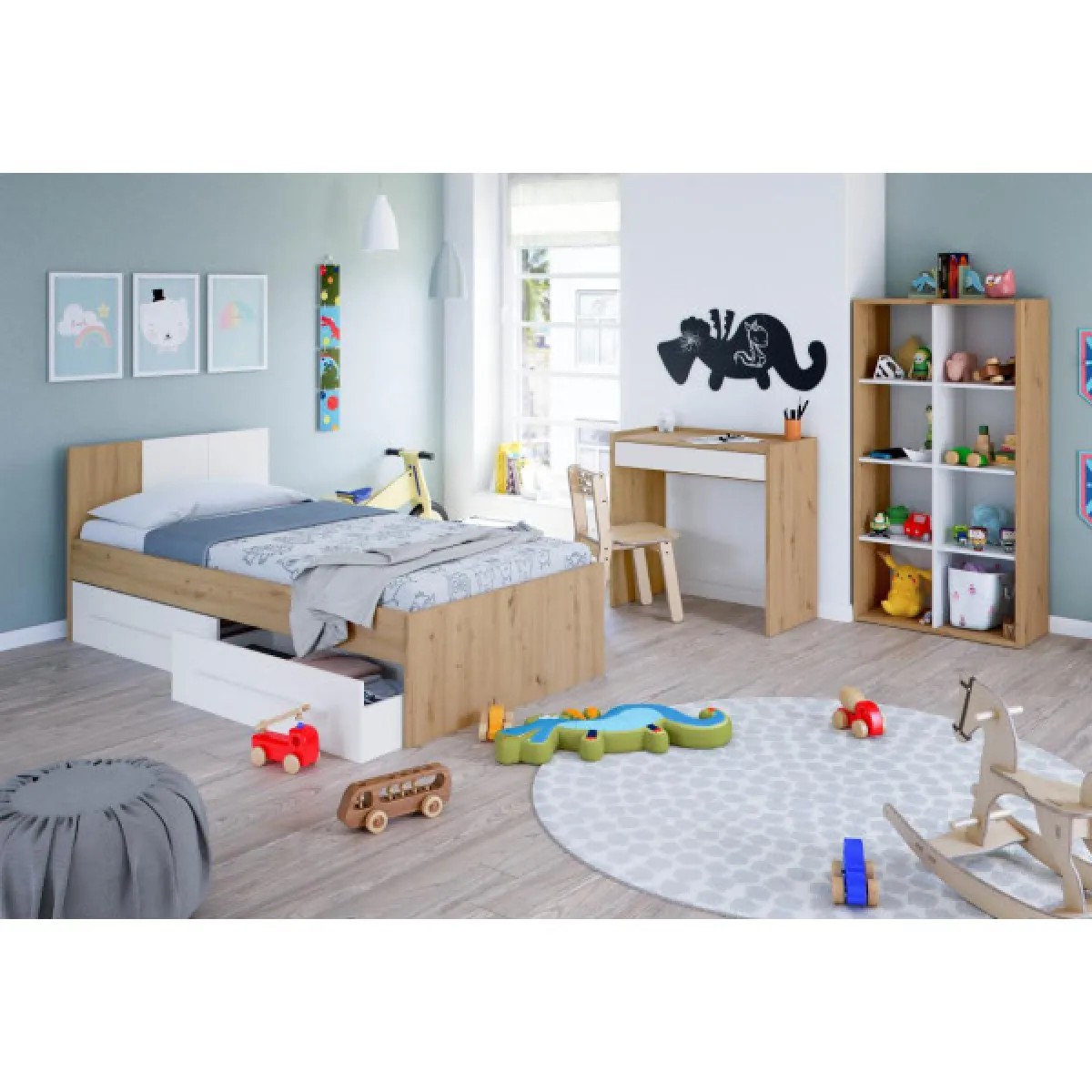 Chambre enfant complète 90x190 Blanc/Chêne - TOZA n°1