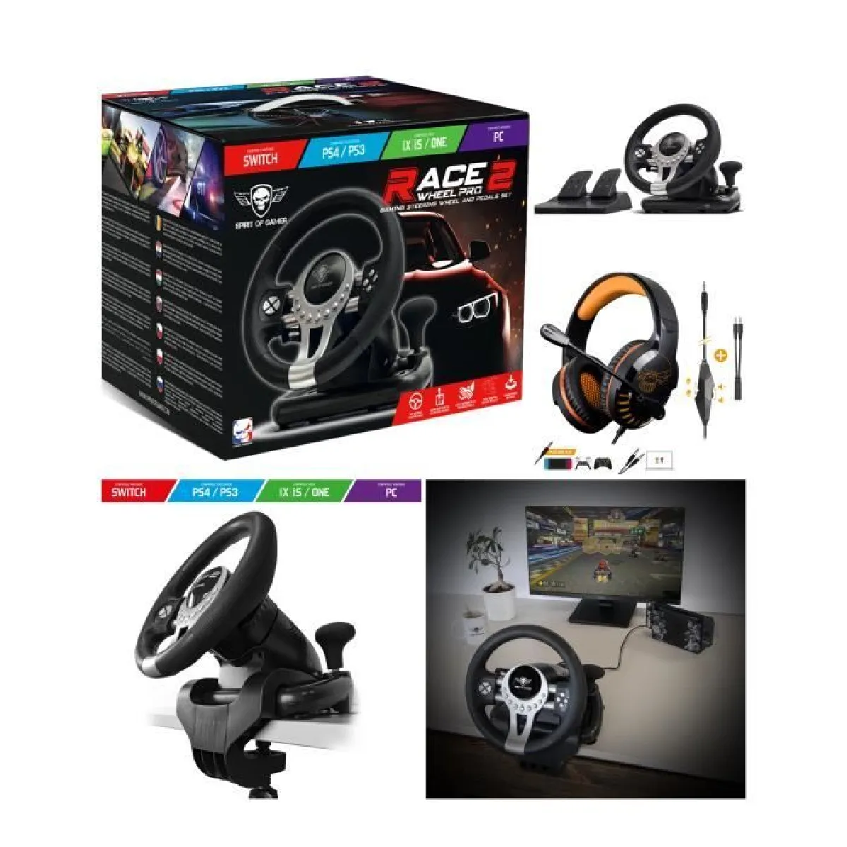 Volant et pédales de jeu Vidéo PRO Race compatible Xbox Séries X S PS3 PS4 SWITCH PC + Casque SPIRIT OF GAMER PRO