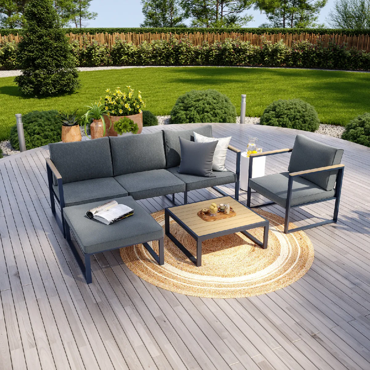 Salon de jardin angle aluminium polywood 5 Places gris et naturel- VALENCE