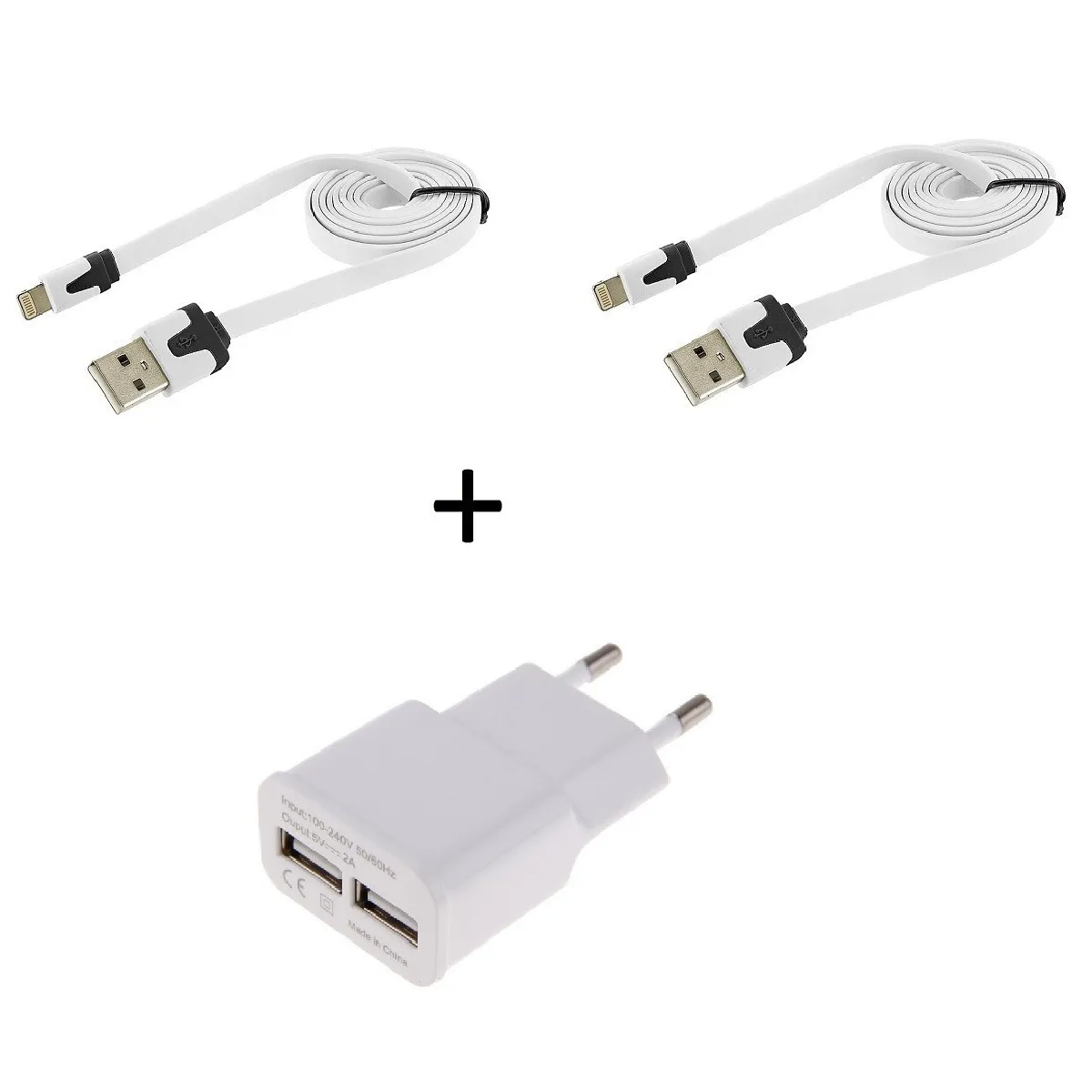 Pack Chargeur pour IPHONE 8 PLUS Lightning (2 Cables Chargeur Noodle + Double Prise Secteur USB) APPLE IOS (BLANC)