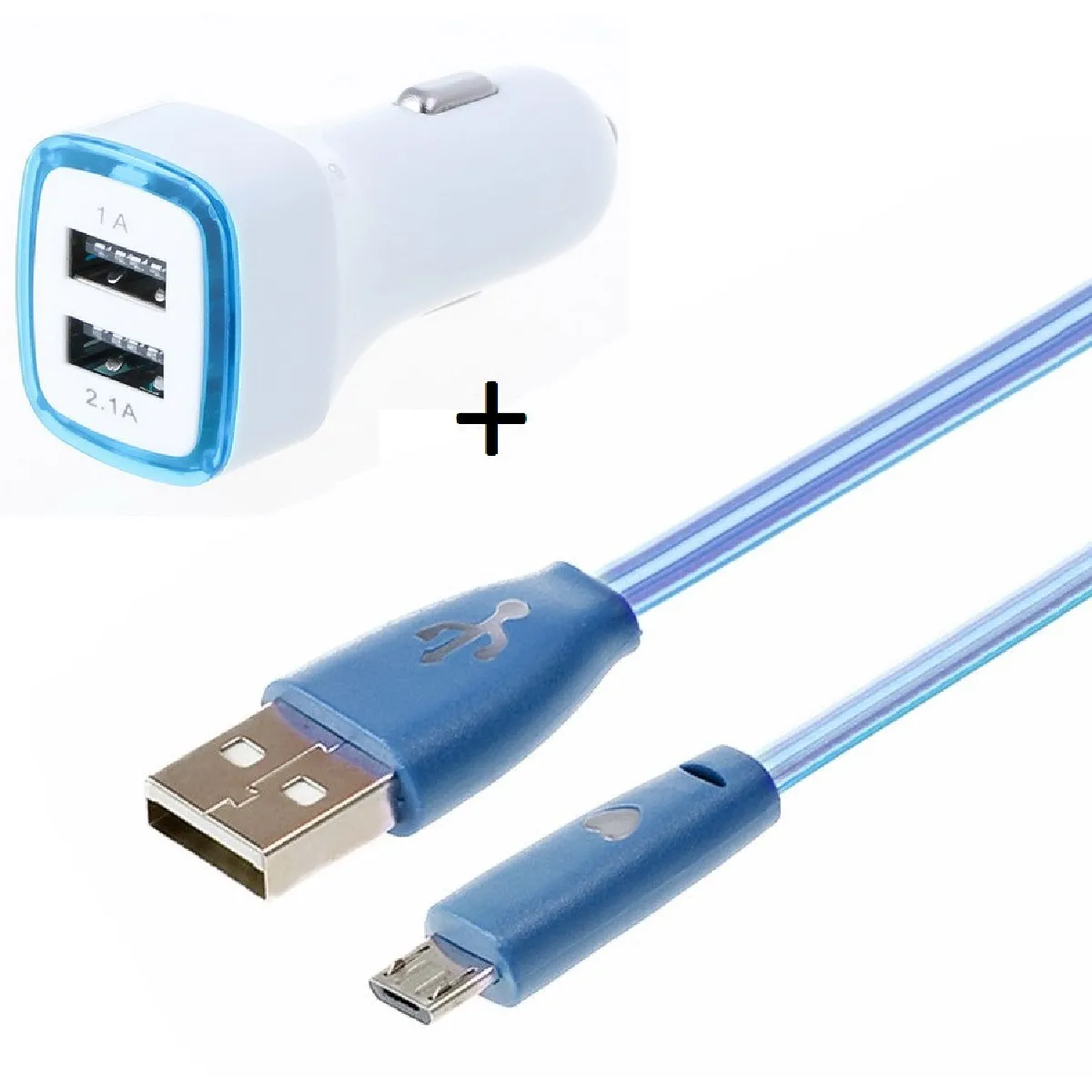 Pack Chargeur Voiture pour IPHONE 8 PLUS Lightning (Cable Smiley + Double Adaptateur LED Allume Cigare) APPLE (BLEU)