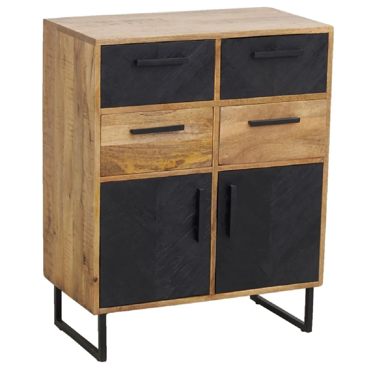 Commode en manguier naturel et teinté noir Damier 4 tiroirs + 2 portes.