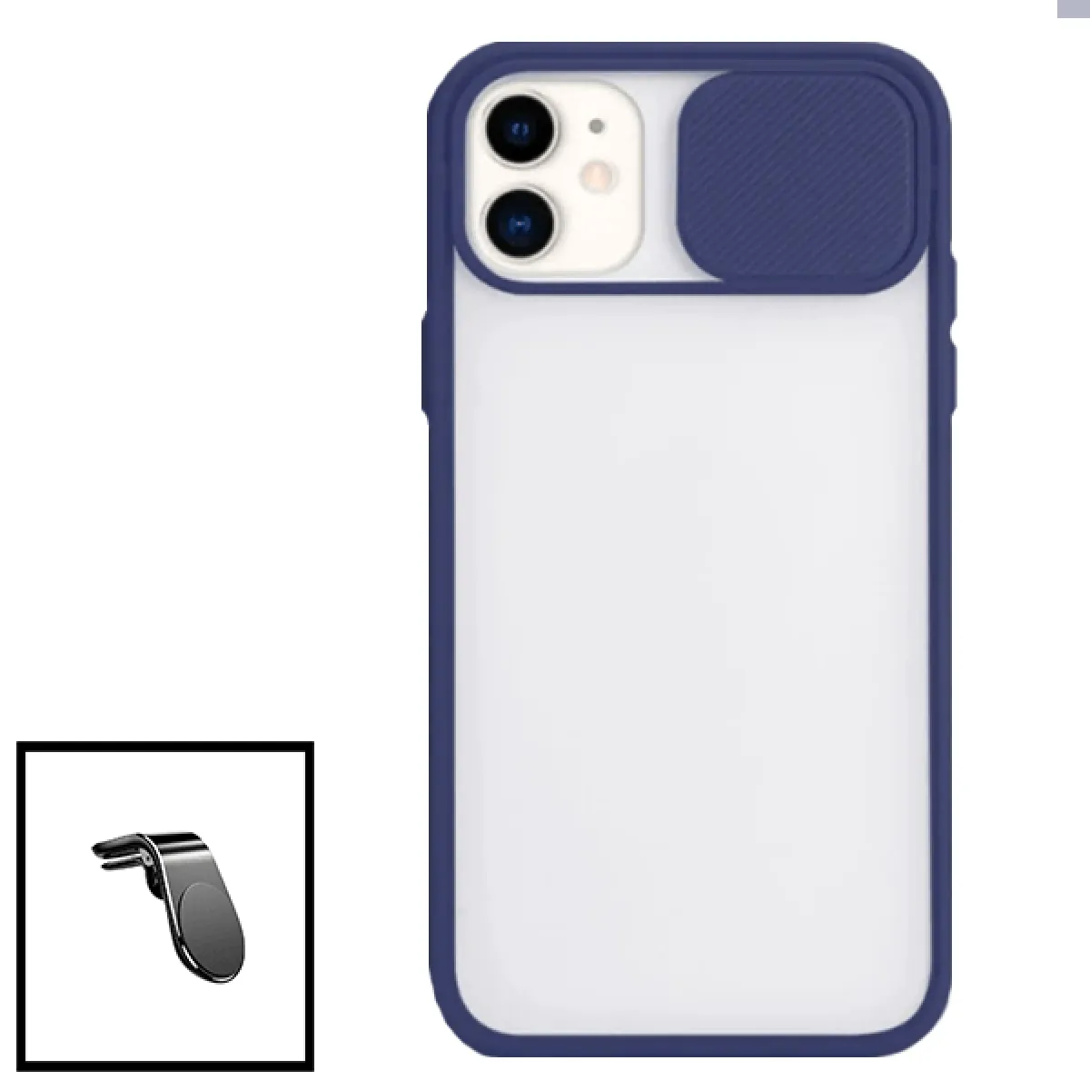 Kit Coque avec fenetre Anti-Choc mat + Support Magnétique de Voiture Renforcé pour iPhone SE 2020 - Bleu foncé