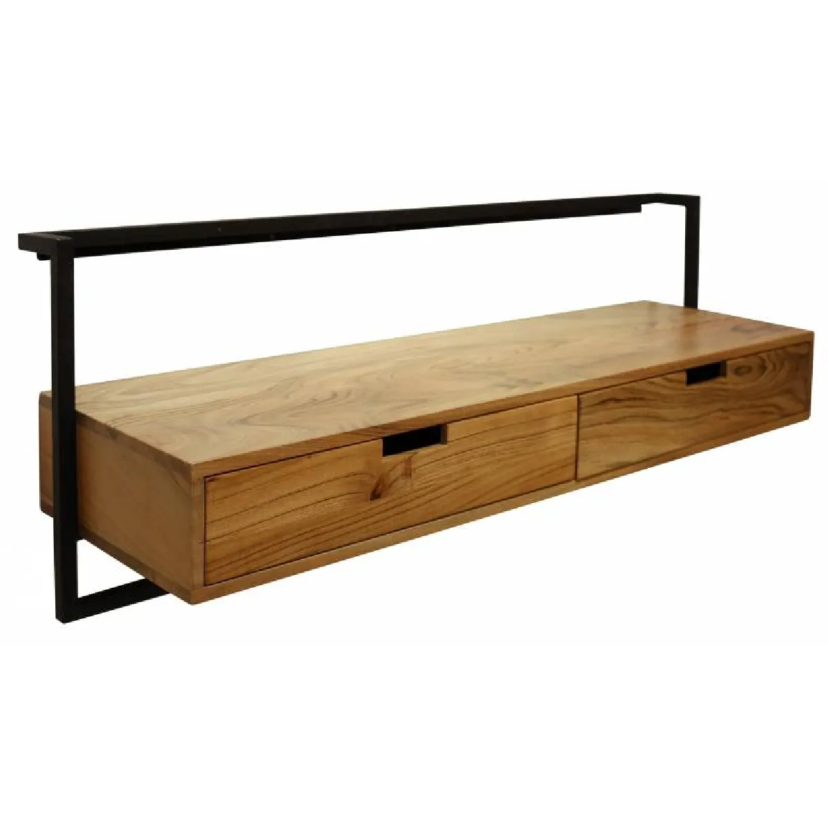 Meuble TV Air Solid Hinsk 2 Tiroirs Meuble de Rangement Mural en Acacia Massif Naturel et Métal Noir 35x45x120cm