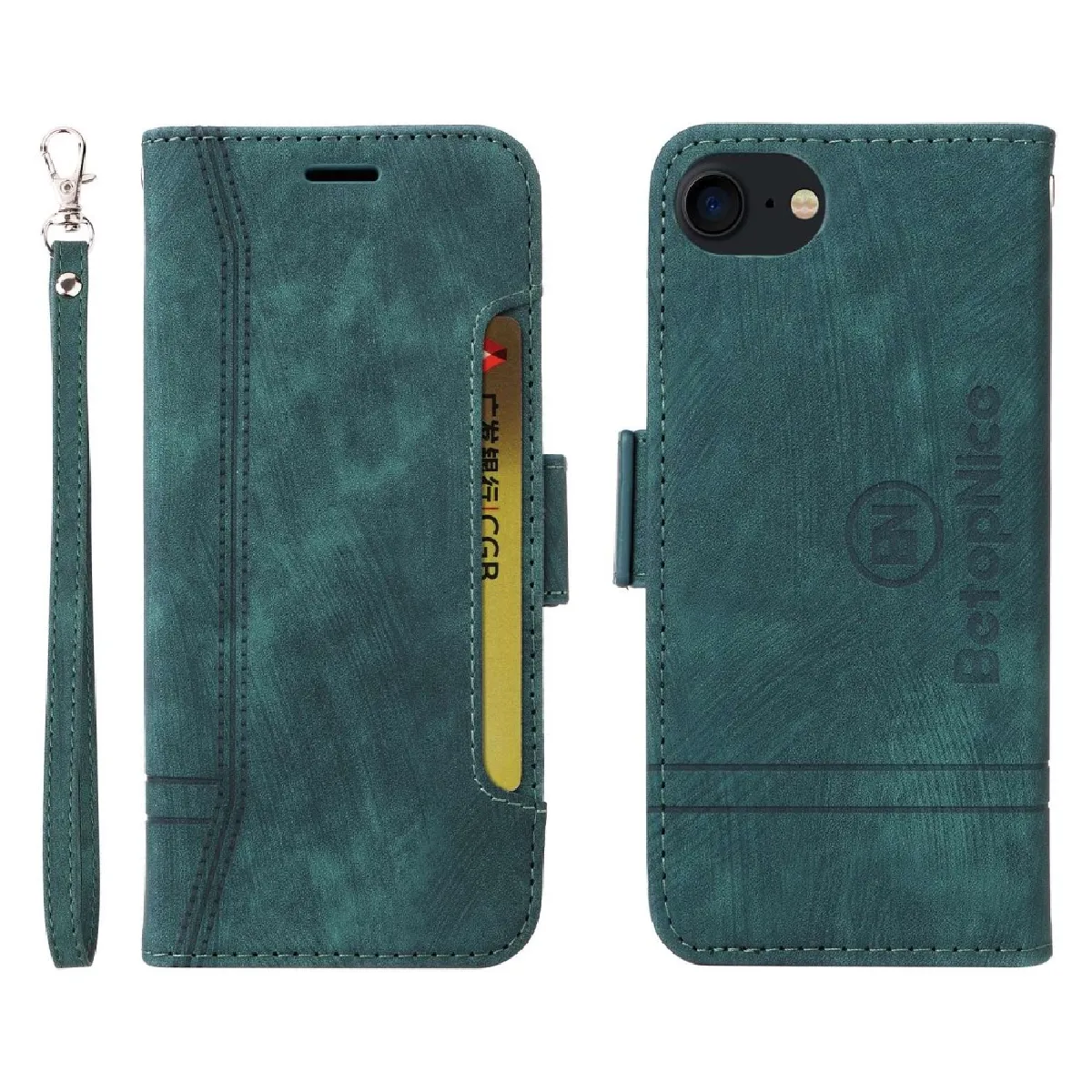 Etui en PU motif de ligne de couture, anti-chute avec support et sangle pour votre iPhone 6/7/8 4.7 pouces/SE (2020)/(2022) - vert