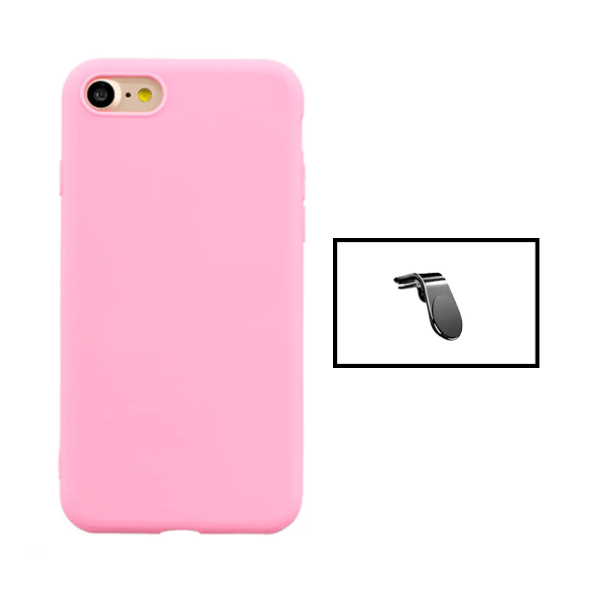 Kit Support Magnétique L Conduite en Toute Sécurité + Coque Silicone Liquide pour iPhone SE 2022 - Rose