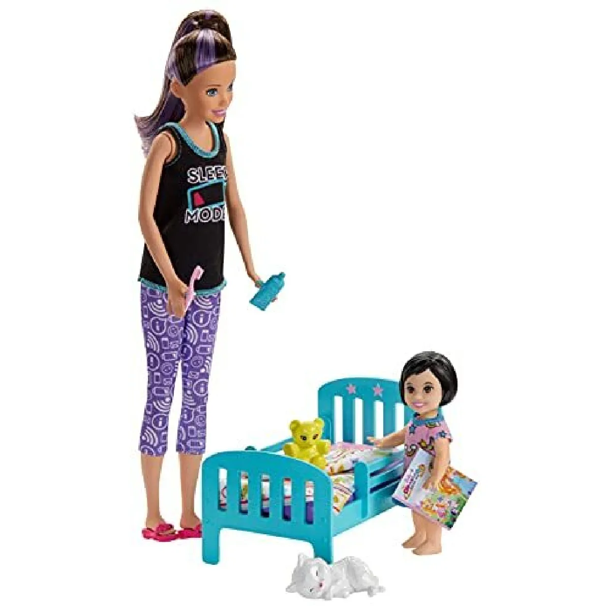 Barbie Skipper Babysitters Inc Ensemble de jeu pour lheure du coucher avec poupAe Skipper Babysitting, poupAe pour tout-petit avec pyjama phosphorescent et accessoires pour enfants de 3 A 7 ans