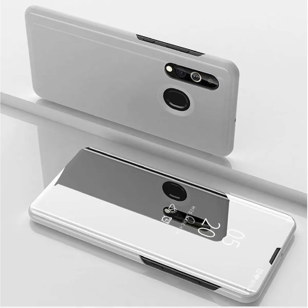 Coque Rigide Etui à rabat en cuir avec miroir de galvanisation pour Samsung A20 E support Argent