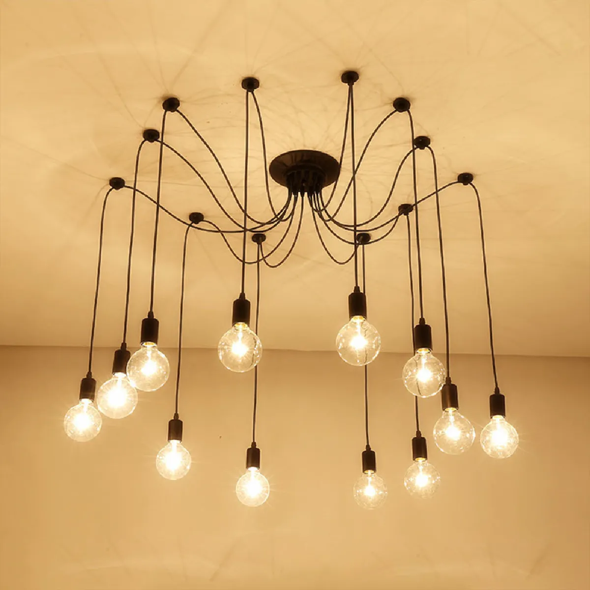 Lustre Suspension Araignee E27 Douille Rétro Industriel abat-jour Noir, DIY Ajustable Longueur avec 2.0m Fil, 12 bras (Non ampoule)