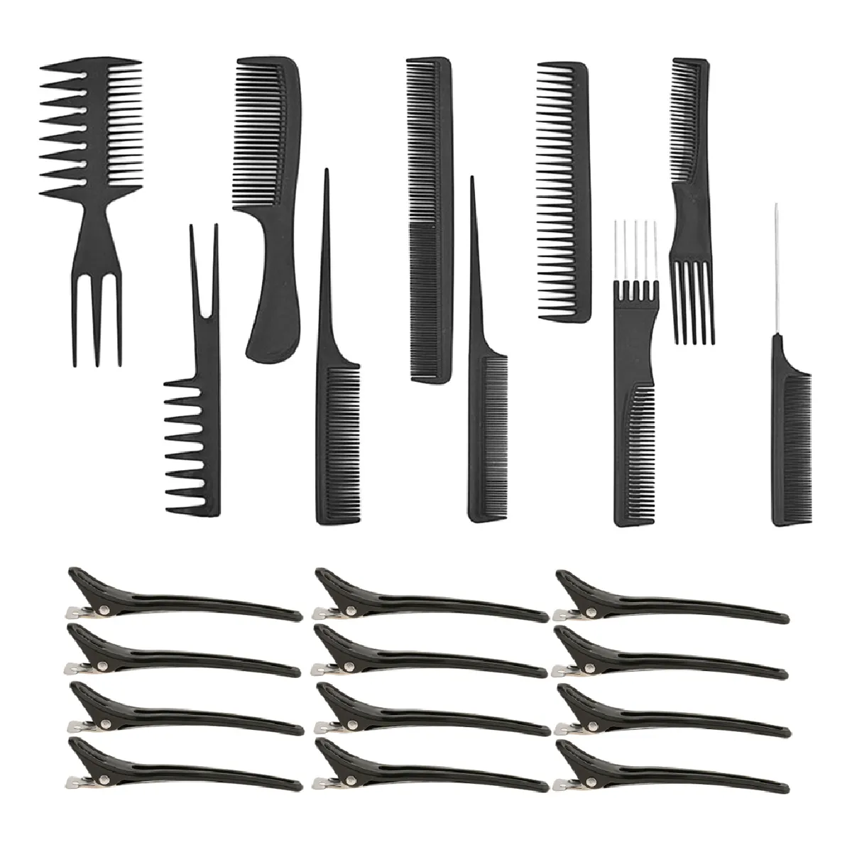 Professionnel 10 Pcs Salon Barber Coupe De Cheveux Coiffure Barber Peignes Set + 12 Pcs Cheveux Styling Clips Noir