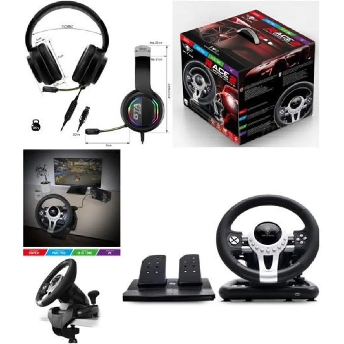 Volant et pédales de jeu Vidéo Race Pro Wheel 2 compatible Xbox Séries X S PS4 PS3 SWITCH PC SPIRIT OF GAMER + CASQUE GAMER S GAMER