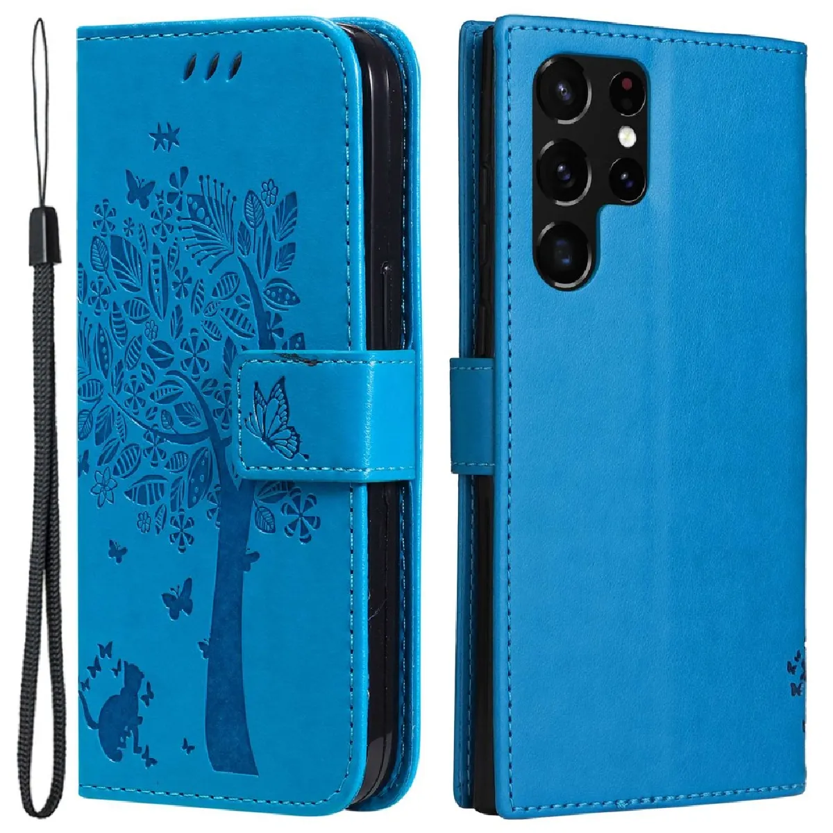 Etui en PU motif de chat et d'arbre, magnétique avec support et sangle pour votre Samsung Galaxy S23 Ultra - bleu